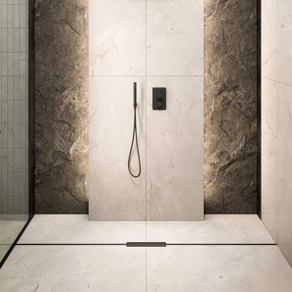 Lifestyle image of the Abacus Elements Linear Uno Matt Anthracite End Drain Wetroom Former Kit